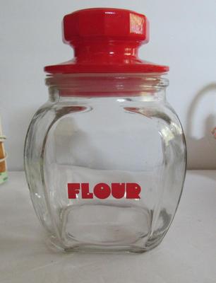 Vintage Glass Flour Canister With Red Trim