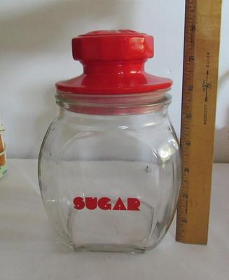 Vintage Glass Sugar Canister With Red Trim