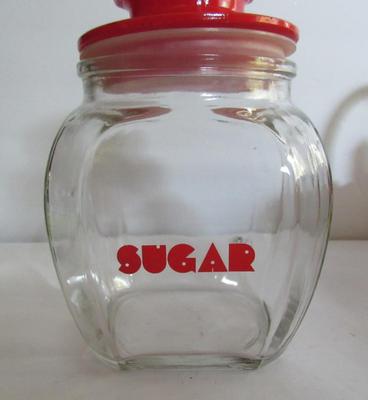 Vintage Glass Sugar Canister With Red Trim