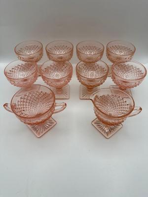 Vintage Pink Depression Glasses, Creamer & Sugar (Diamond Pattern)