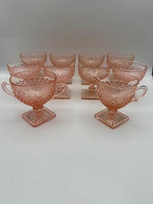 Vintage Pink Depression Glasses, Creamer & Sugar (Diamond Pattern)