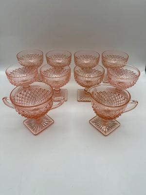 Vintage Pink Depression Glasses, Creamer & Sugar (Diamond Pattern)