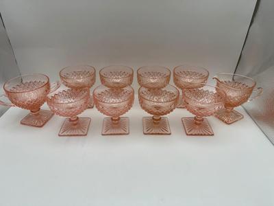Vintage Pink Depression Glasses, Creamer & Sugar (Diamond Pattern)