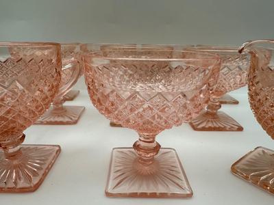 Vintage Pink Depression Glasses, Creamer & Sugar (Diamond Pattern)