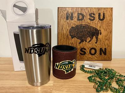 Bison burnt wood, NDSU can holder, NDSU insulated tumbler