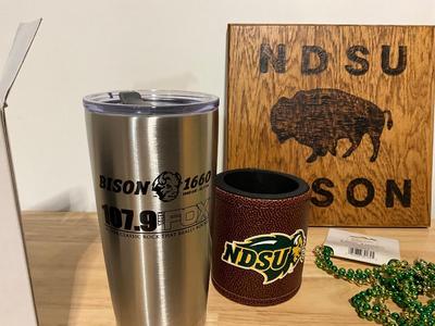 Bison burnt wood, NDSU can holder, NDSU insulated tumbler