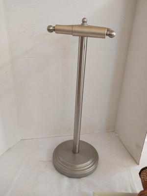 CHROME FLOOR STAND TOILET PAPER HOLDER AND BATHROOM THEMED SHADOWBOX