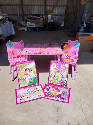 CHILDRENS DORIS TABLE WITH TWO CHAIRS AND PUZZELS