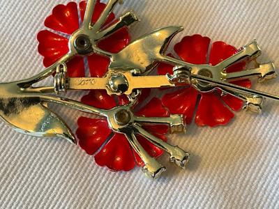 Vintage CORO Flower Brooch 1940’s, Cherry Red CE stamped Germany, Black CE