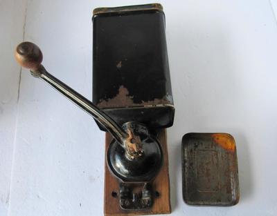 Antique Tin Wall Mount Coffee Grinder With Original Cover
