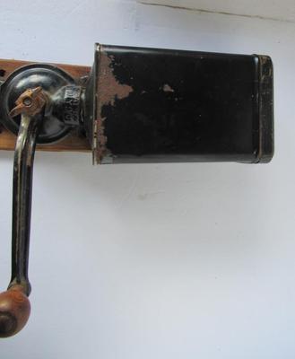 Antique Tin Wall Mount Coffee Grinder With Original Cover