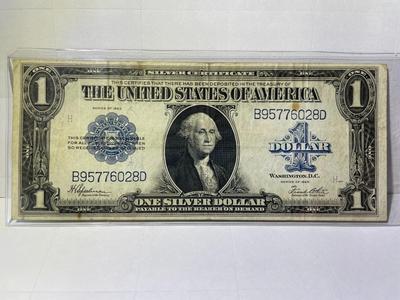 1923 Circulated Condition "Horse Blanket" Large Size Blue Seal $1 Silver Certificate as Pictured.