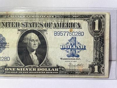 1923 Circulated Condition "Horse Blanket" Large Size Blue Seal $1 Silver Certificate as Pictured.