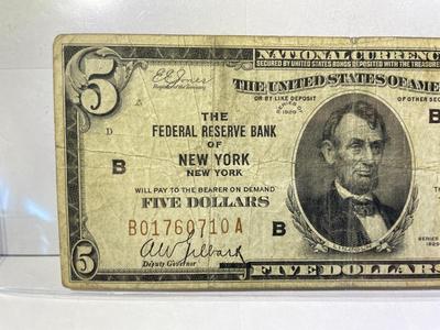 Series of 1929 Circulated Condition $5 New York City/NY National Currency Bank Note as Pictured.