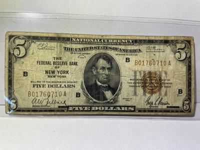 Series of 1929 Circulated Condition $5 New York City/NY National Currency Bank Note as Pictured.