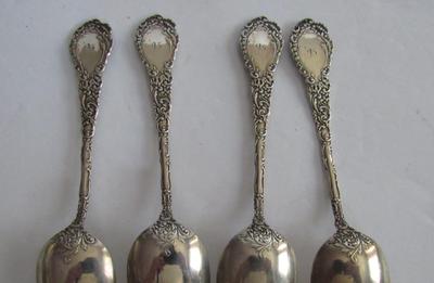 4 Antique Sterling Silver Teaspoons, Dated 1895, RM% and Sterling Mark