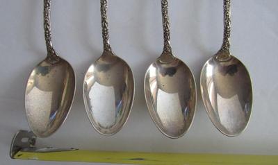 4 Antique Sterling Silver Teaspoons, Dated 1895, RM% and Sterling Mark