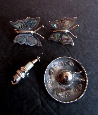 Nice Old Sterling Silver Jewelry Lot, Butterfly Earrings, Spark Plug Charm, More