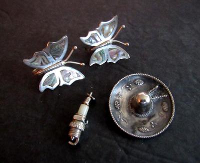Nice Old Sterling Silver Jewelry Lot, Butterfly Earrings, Spark Plug Charm, More