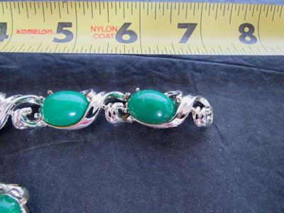Vintage Gold Tone and Green Plastic Bracelet and Earrings Set