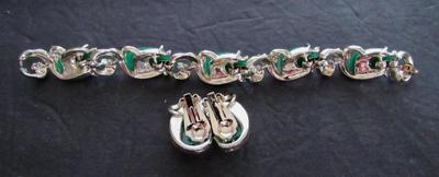 Vintage Gold Tone and Green Plastic Bracelet and Earrings Set