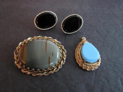 Vintage Stone Costume Jewelry, Brooch, Earrings, Pendant