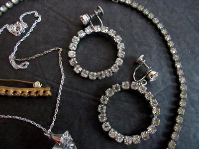 Vintage Rhinestone Jewelry Lot, Coro Earrings, Sterling Chain