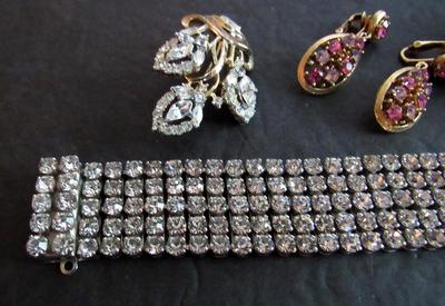 Vintage Rhinestone Jewelry Lot, Brooches, Earrings, Bracelet