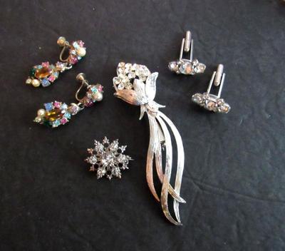 Vintage Rhinestone Jewelry Lot, Brooches, Holycraft Earrings, Cufflinks