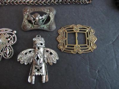 Misc Jewelry Parts Lot: 2 Belt Buckles, Brooch, Bracelet and Other