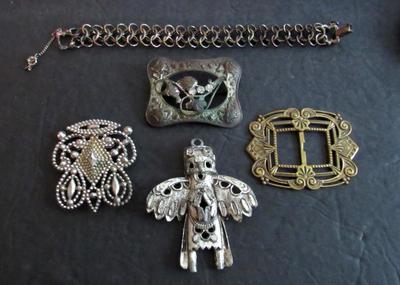 Misc Jewelry Parts Lot: 2 Belt Buckles, Brooch, Bracelet and Other