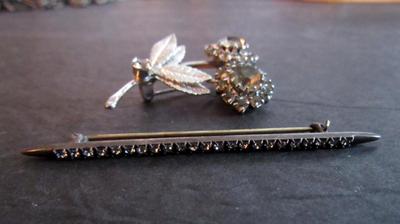 Vintage Rhinestone Lot, A L Linaroth Co Bar Pin, and Flower Brooch