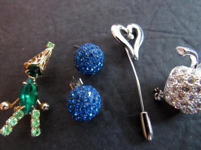 Contemporary Rhinestone Jewelry Lot, Pave Earrings, Pave Apple Brooch, Figure, Pin