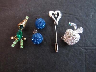 Contemporary Rhinestone Jewelry Lot, Pave Earrings, Pave Apple Brooch, Figure, Pin