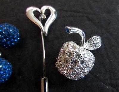 Contemporary Rhinestone Jewelry Lot, Pave Earrings, Pave Apple Brooch, Figure, Pin