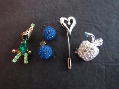 Contemporary Rhinestone Jewelry Lot, Pave Earrings, Pave Apple Brooch, Figure, Pin