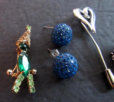 Contemporary Rhinestone Jewelry Lot, Pave Earrings, Pave Apple Brooch, Figure, Pin