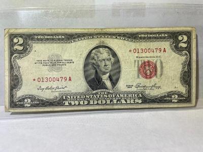 Series of 1953 $2 Dollar Bill-U.S. “*Star Note*“-Red Seal-Low Serial #01300479A Circulated Condition as Pictured.
