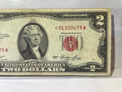 Series of 1953 $2 Dollar Bill-U.S. “*Star Note*“-Red Seal-Low Serial #01300479A Circulated Condition as Pictured.