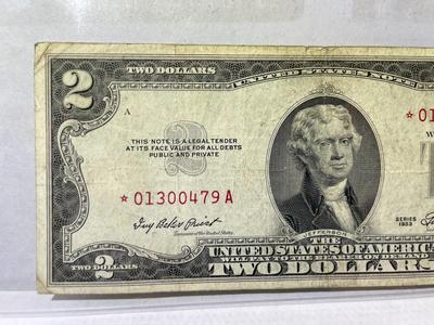 Series of 1953 $2 Dollar Bill-U.S. “*Star Note*“-Red Seal-Low Serial #01300479A Circulated Condition as Pictured.