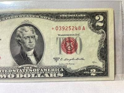 Series of 1953-C $2 Dollar Bill-U.S. “*Star Note*“-Red Seal-Low Serial #03925248A Nice EF Circulated Condition as Pictured.