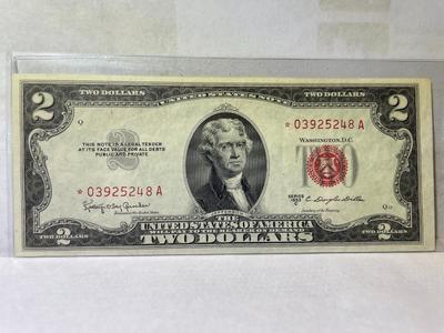 Series of 1953-C $2 Dollar Bill-U.S. “*Star Note*“-Red Seal-Low Serial #03925248A Nice EF Circulated Condition as Pictured.