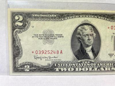 Series of 1953-C $2 Dollar Bill-U.S. “*Star Note*“-Red Seal-Low Serial #03925248A Nice EF Circulated Condition as Pictured.