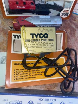 TYCO HO ELECTRIC POWER PACK, TRAIN CARS, & OVER TRESTLE SET