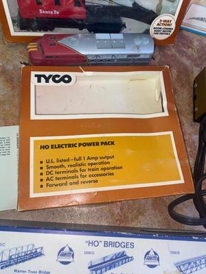 TYCO HO ELECTRIC POWER PACK, TRAIN CARS, & OVER TRESTLE SET