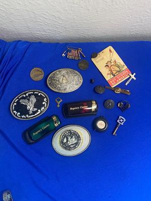 BOY SCOUTS CARD & PIN, BELT BUCKLES, TIE CLIPS, MILITARY MEDAL AND MORE