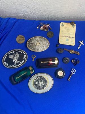 BOY SCOUTS CARD & PIN, BELT BUCKLES, TIE CLIPS, MILITARY MEDAL AND MORE
