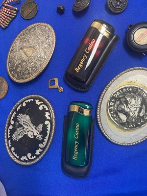 BOY SCOUTS CARD & PIN, BELT BUCKLES, TIE CLIPS, MILITARY MEDAL AND MORE