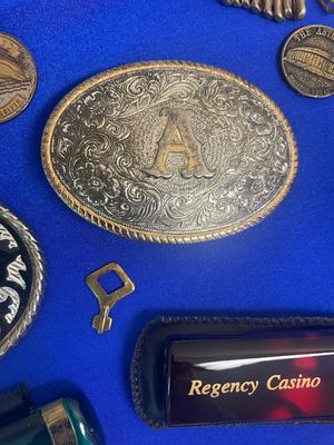 BOY SCOUTS CARD & PIN, BELT BUCKLES, TIE CLIPS, MILITARY MEDAL AND MORE