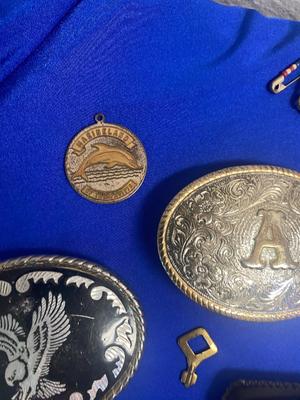 BOY SCOUTS CARD & PIN, BELT BUCKLES, TIE CLIPS, MILITARY MEDAL AND MORE